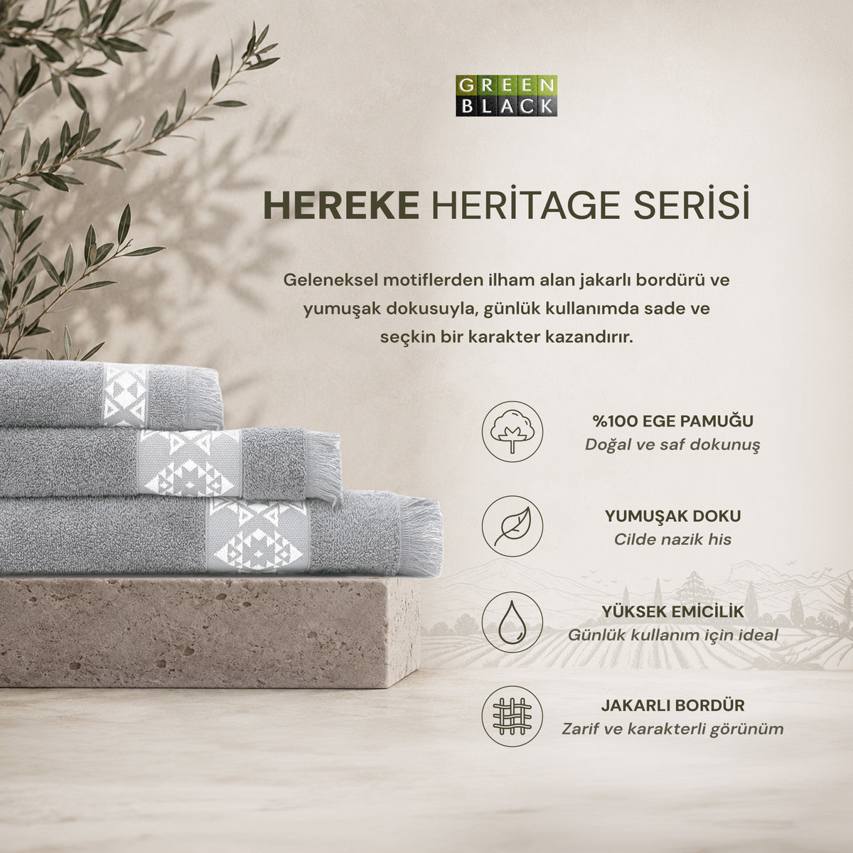 Hereke Heritage Serisi 3’lü Havlu Seti Krem Bordürlü Gri