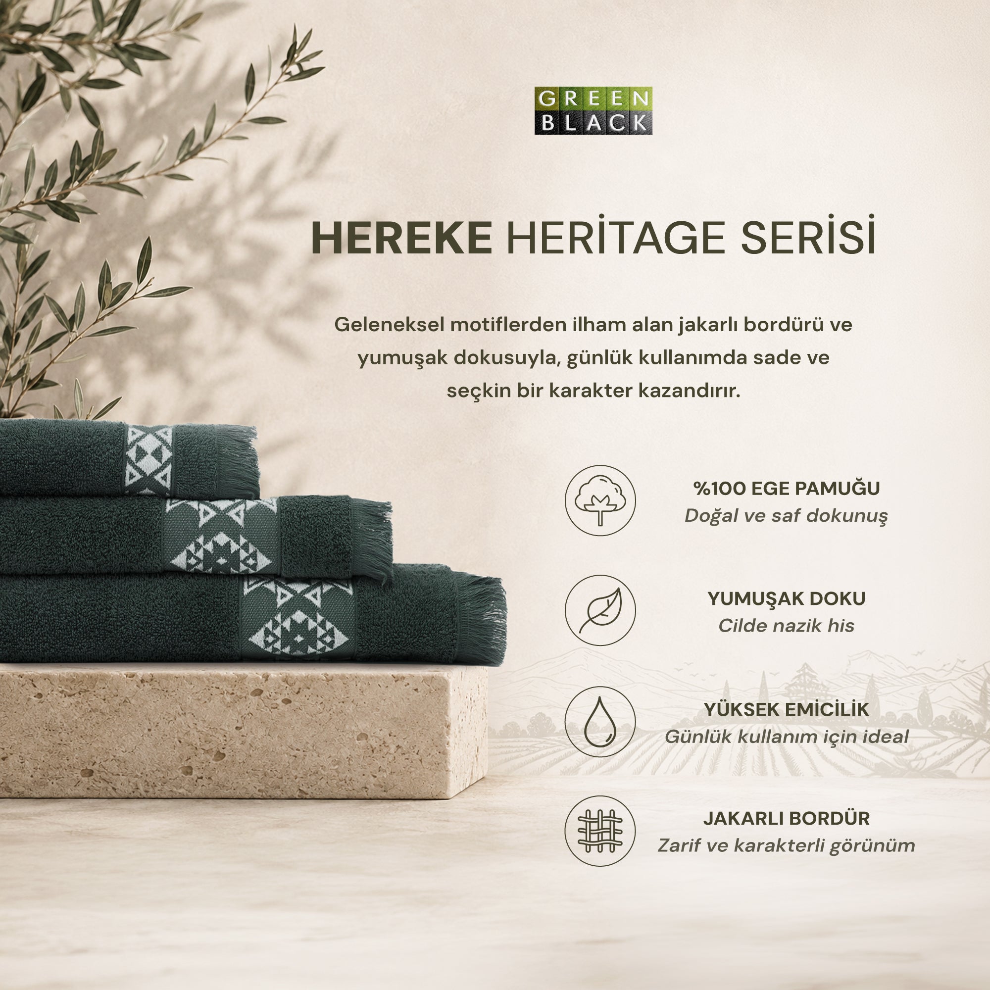 Hereke Heritage Serisi 3’lü Havlu Seti Krem Bordürlü Yeşil