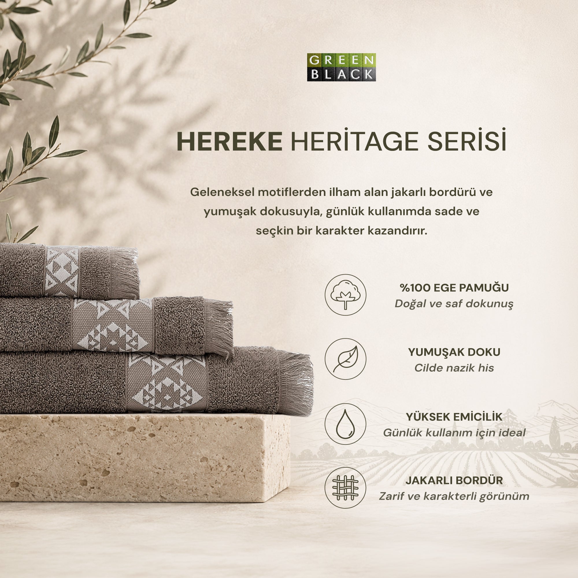 Hereke Heritage Serisi 3’lü Havlu Seti Bej Bordürlü Koyu Bej