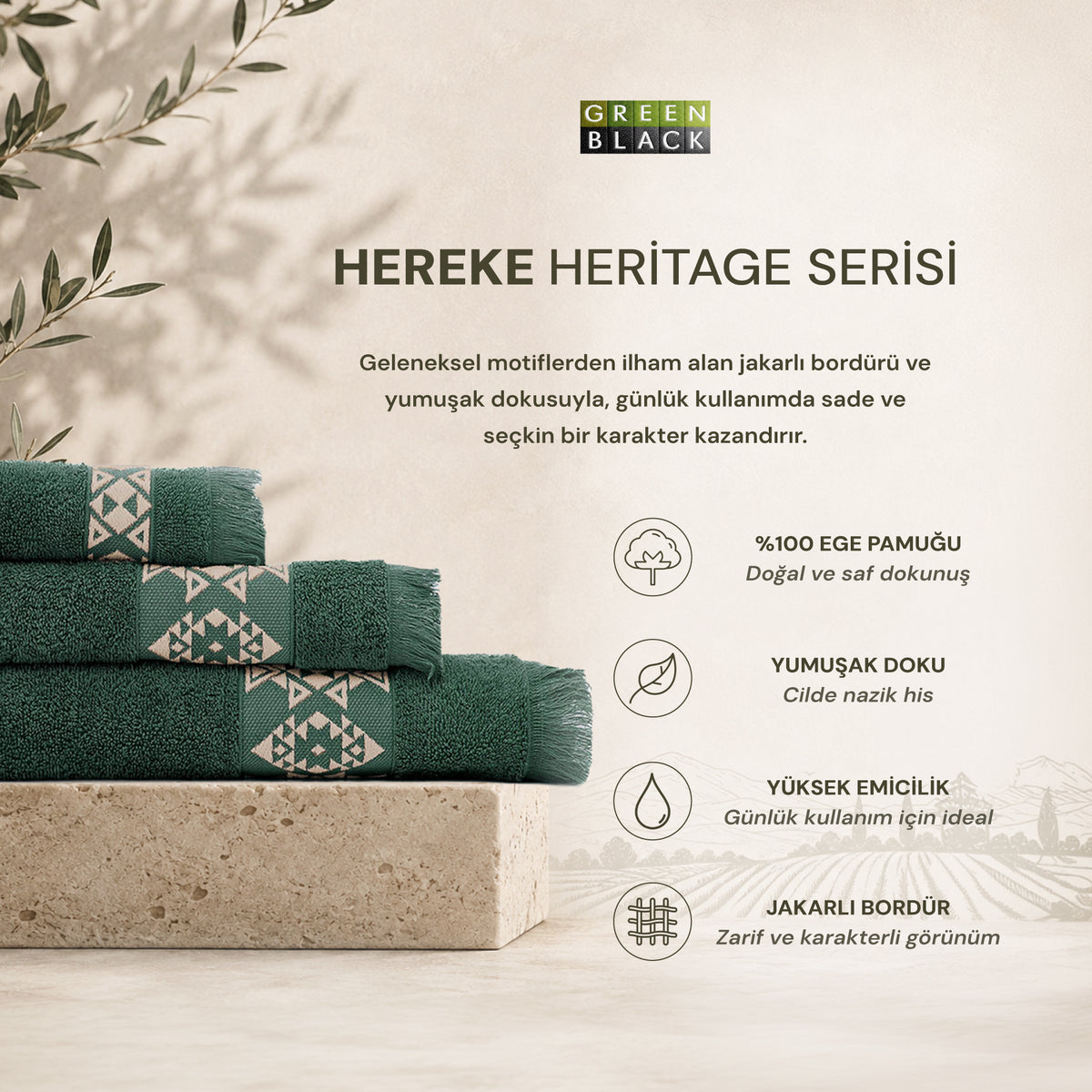 Hereke Heritage Serisi 3’lü Havlu Seti Bej Bordürlü Yeşil