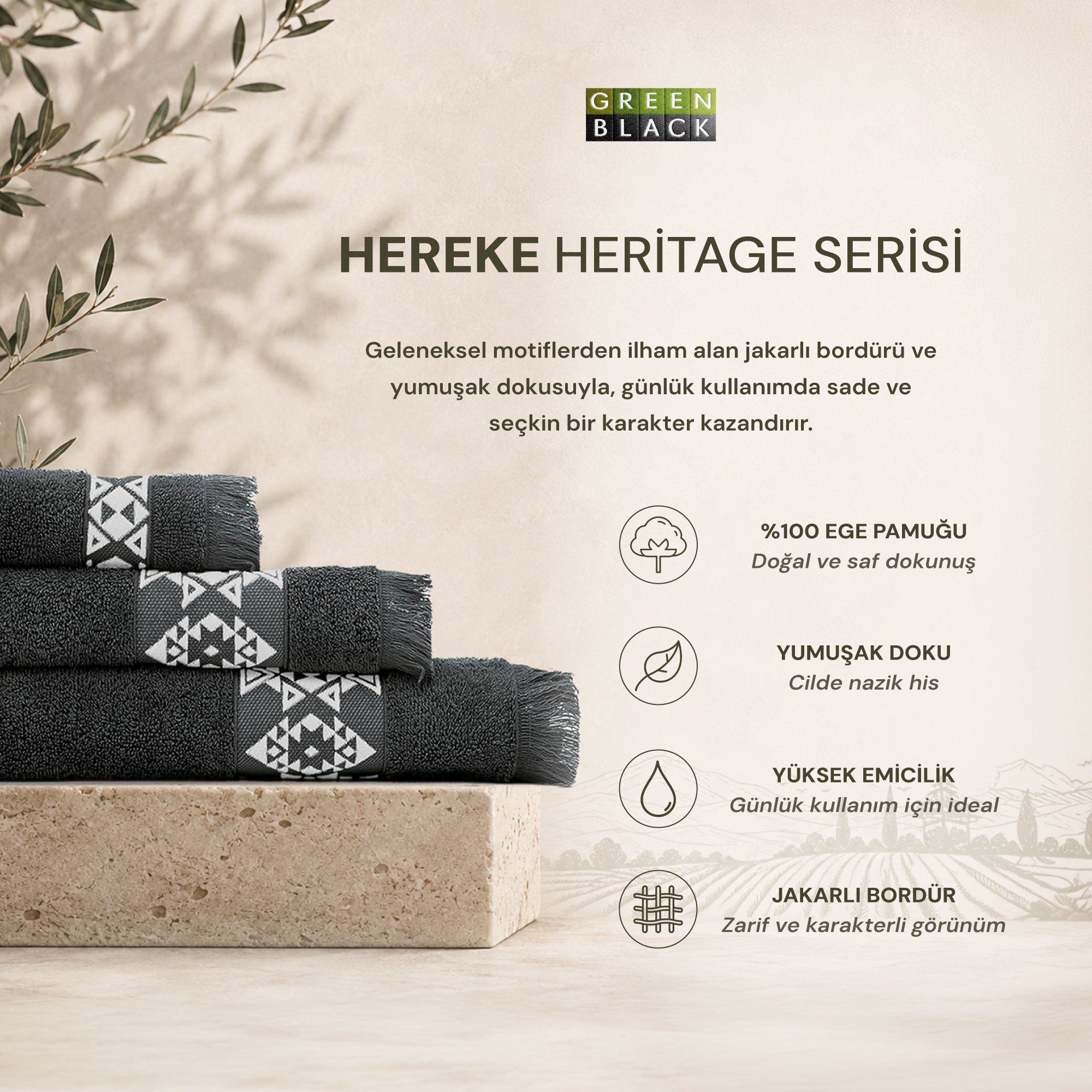 Hereke Heritage Serisi 3’lü Havlu Seti Krem Bordürlü Antrasit