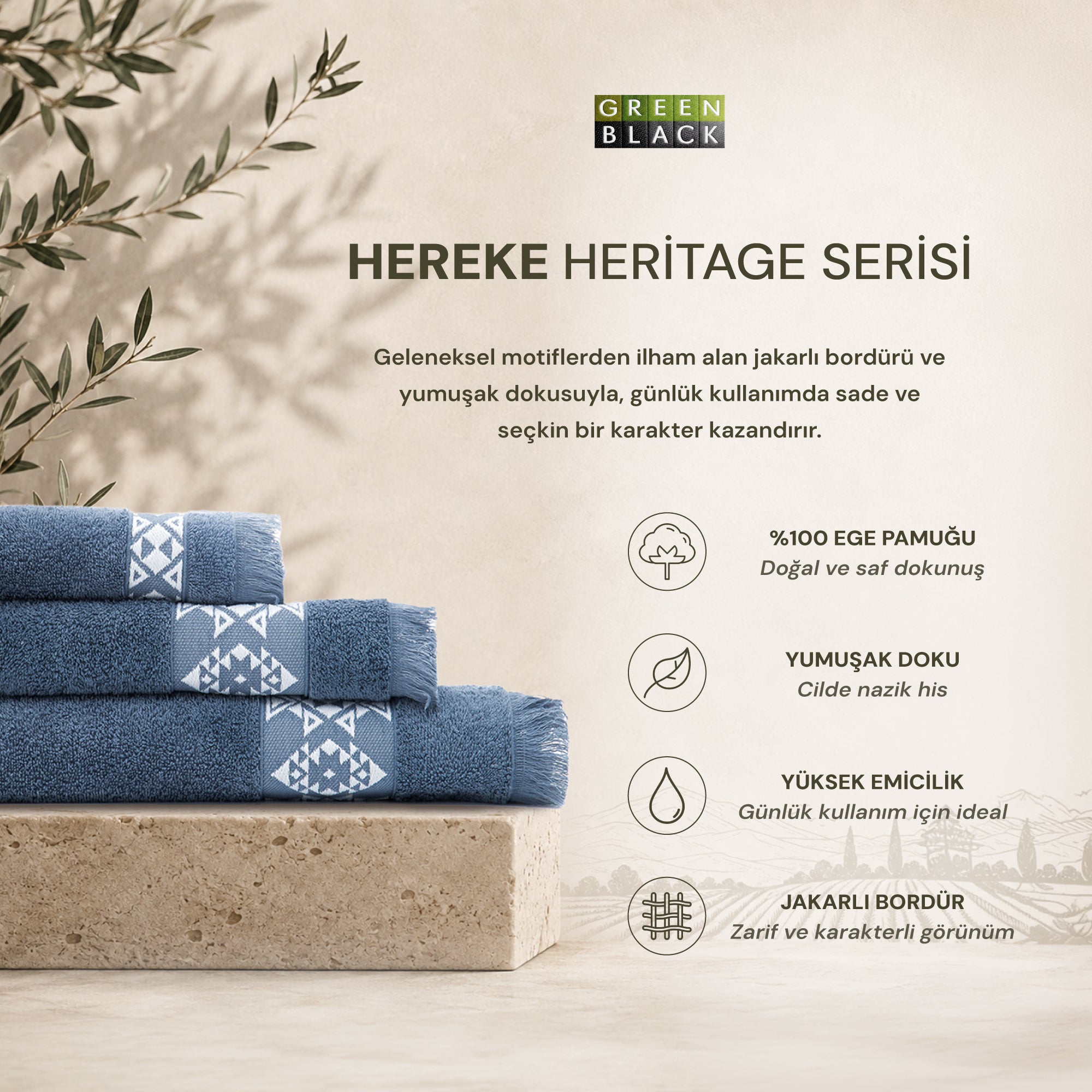 Hereke Heritage Serisi 3’lü Havlu Seti Krem Bordürlü Koyu Mavi