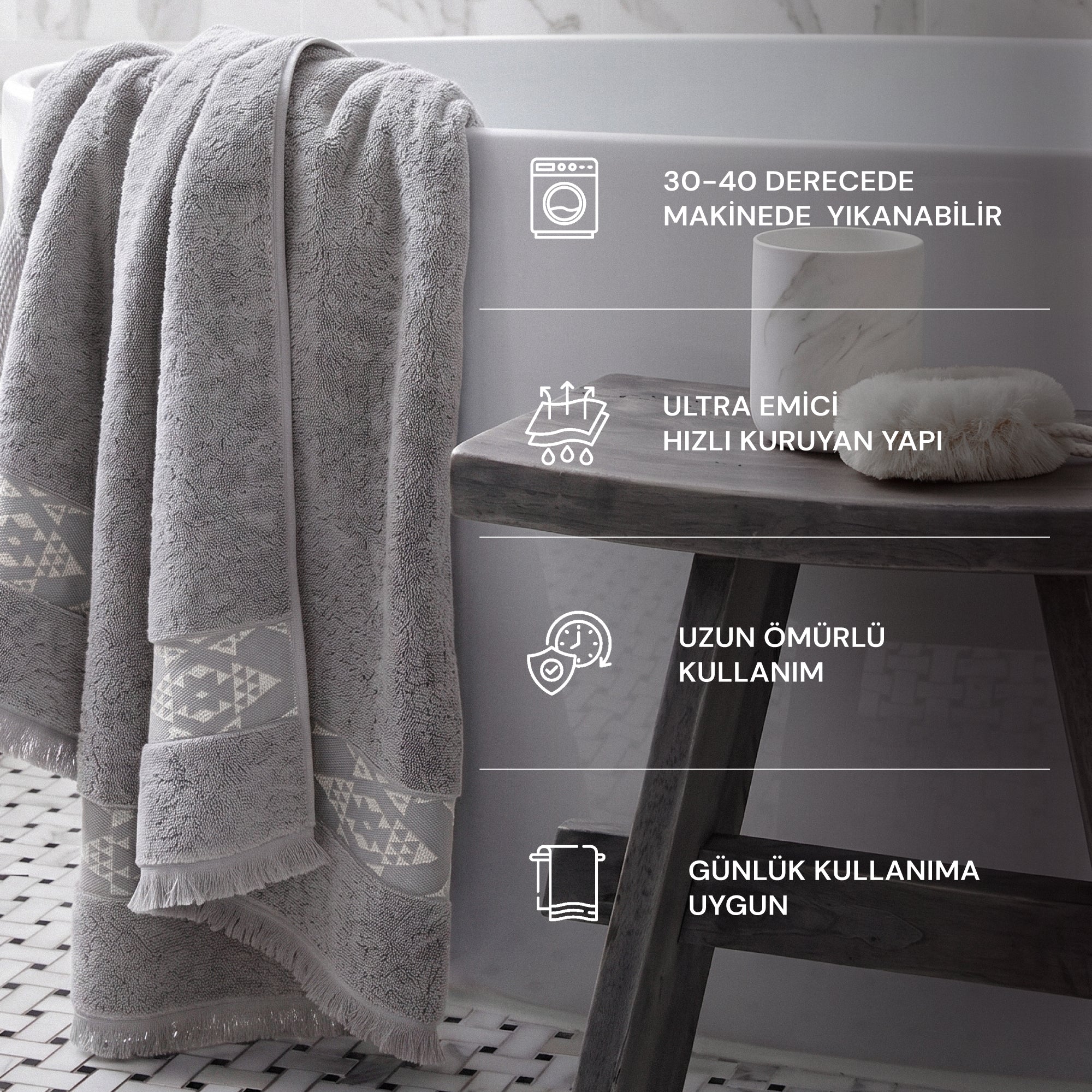 Hereke Heritage Serisi 3’lü Havlu Seti Krem Bordürlü Gri