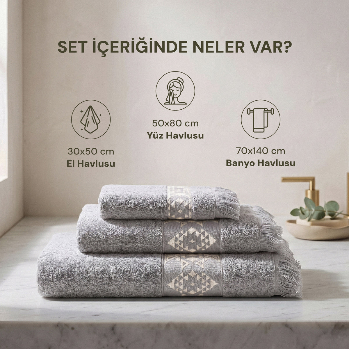 Hereke Heritage Serisi 3’lü Havlu Seti Krem Bordürlü Gri