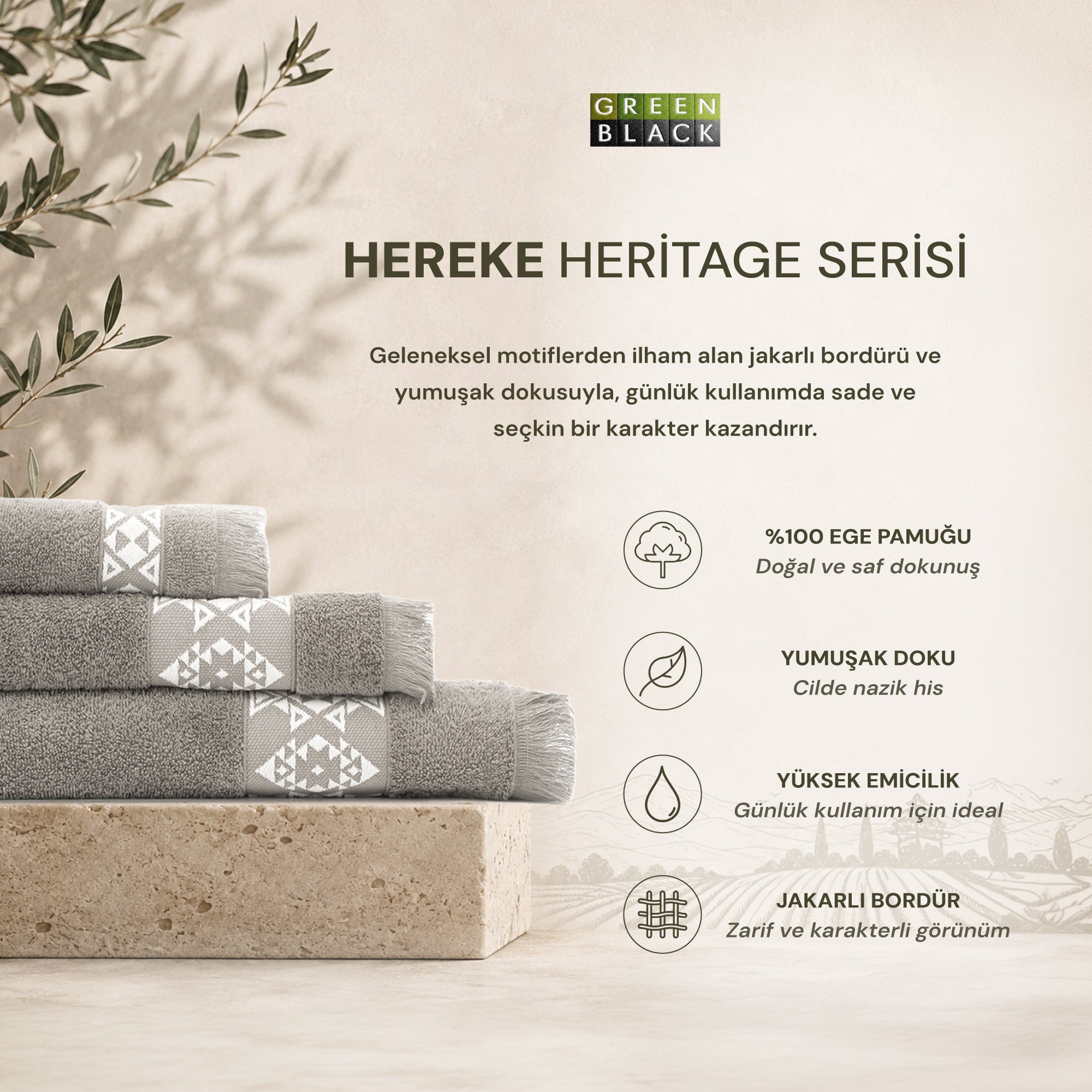 Hereke Heritage Serisi 3’lü Havlu Seti Krem Bordürlü Bej