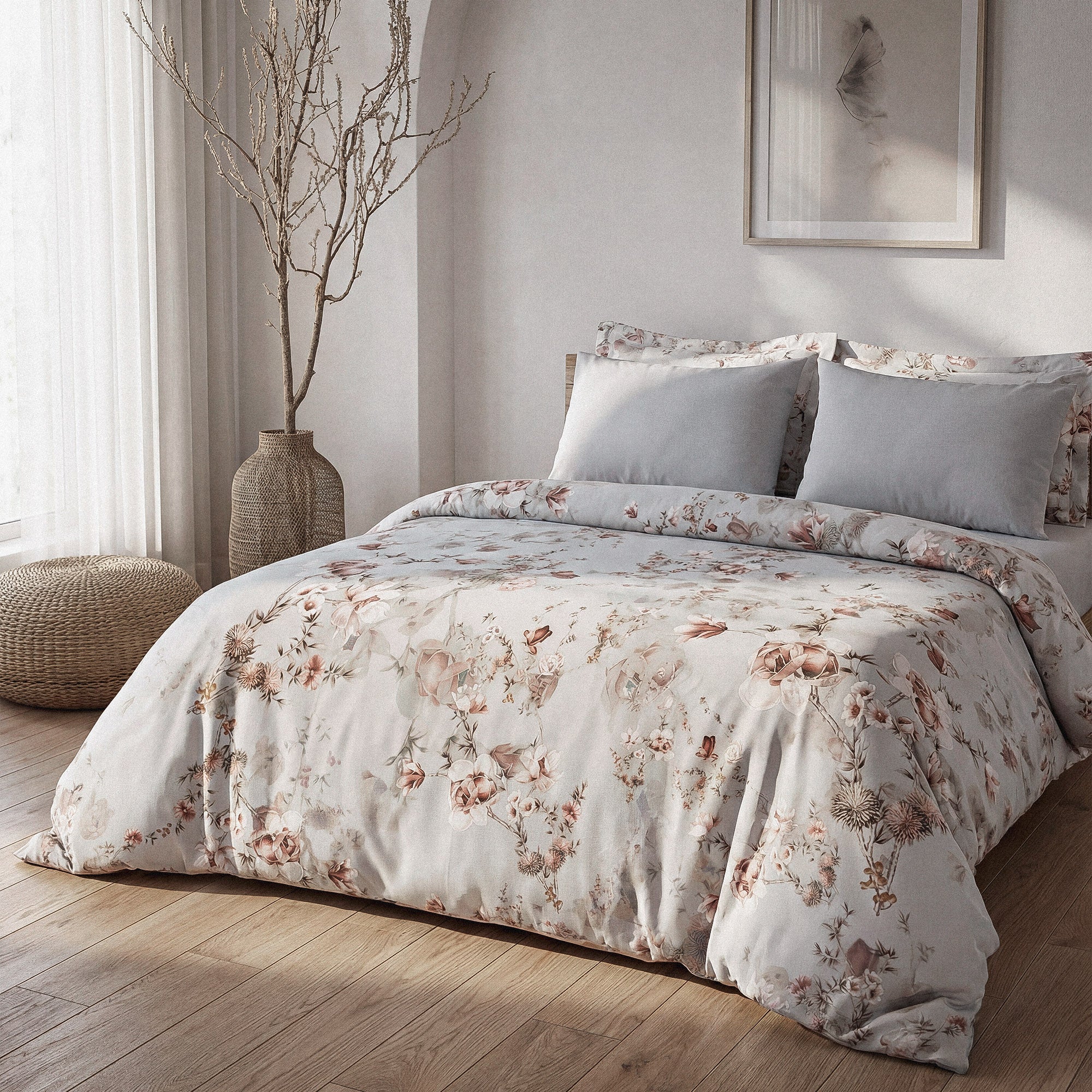 Bloomy Çiçek Senfonisi Çift Kişilik %100 Ege Pamuğu Nevresim Takımı - Çarşaflı - 4 Yastıklı Mint